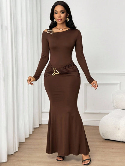 Lady Women's Elegant Elegant Asymmetric Neckline Fishtail Dress For Party Dinner Coffee Brown Autumn