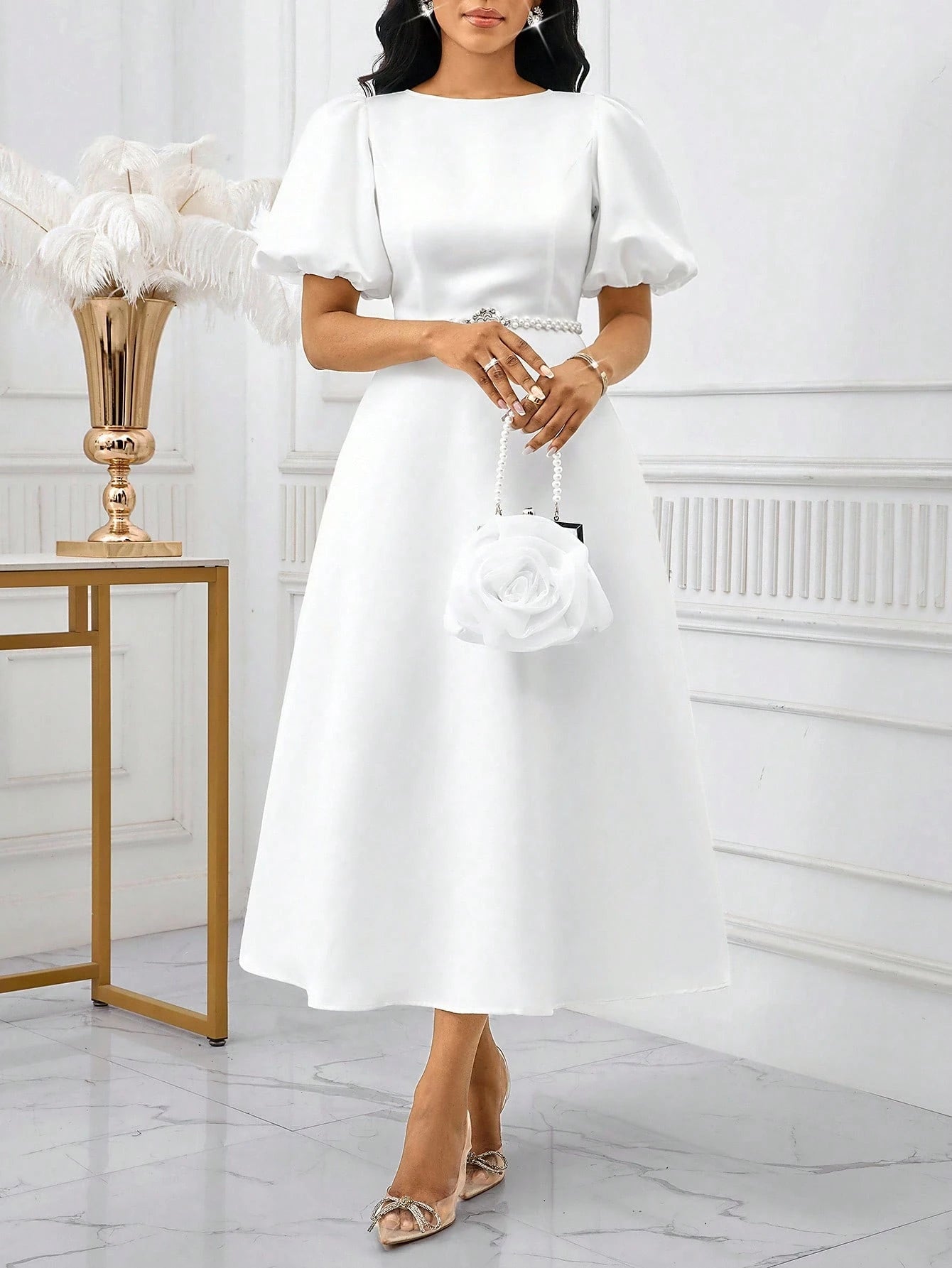 Lady Women's Elegant Mature White Summer Puff Sleeve A Line Dress, Solid Color Bishop Sleeve Dining Dinner Date Party Wedding Cocktail Graduation Greek