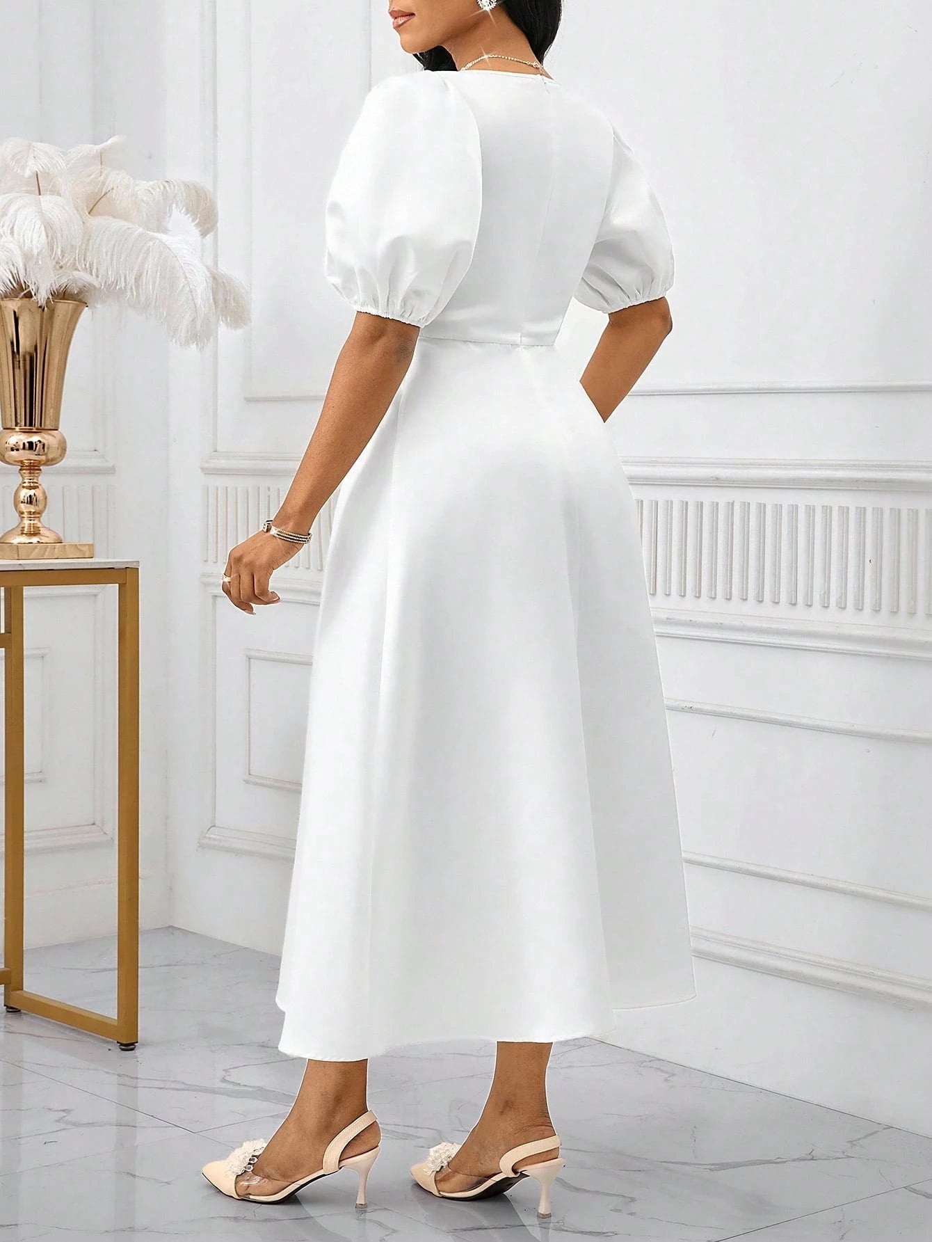 Lady Women's Elegant Mature White Summer Puff Sleeve A Line Dress, Solid Color Bishop Sleeve Dining Dinner Date Party Wedding Cocktail Graduation Greek