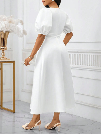 Lady Women's Elegant Mature White Summer Puff Sleeve A Line Dress, Solid Color Bishop Sleeve Dining Dinner Date Party Wedding Cocktail Graduation Greek