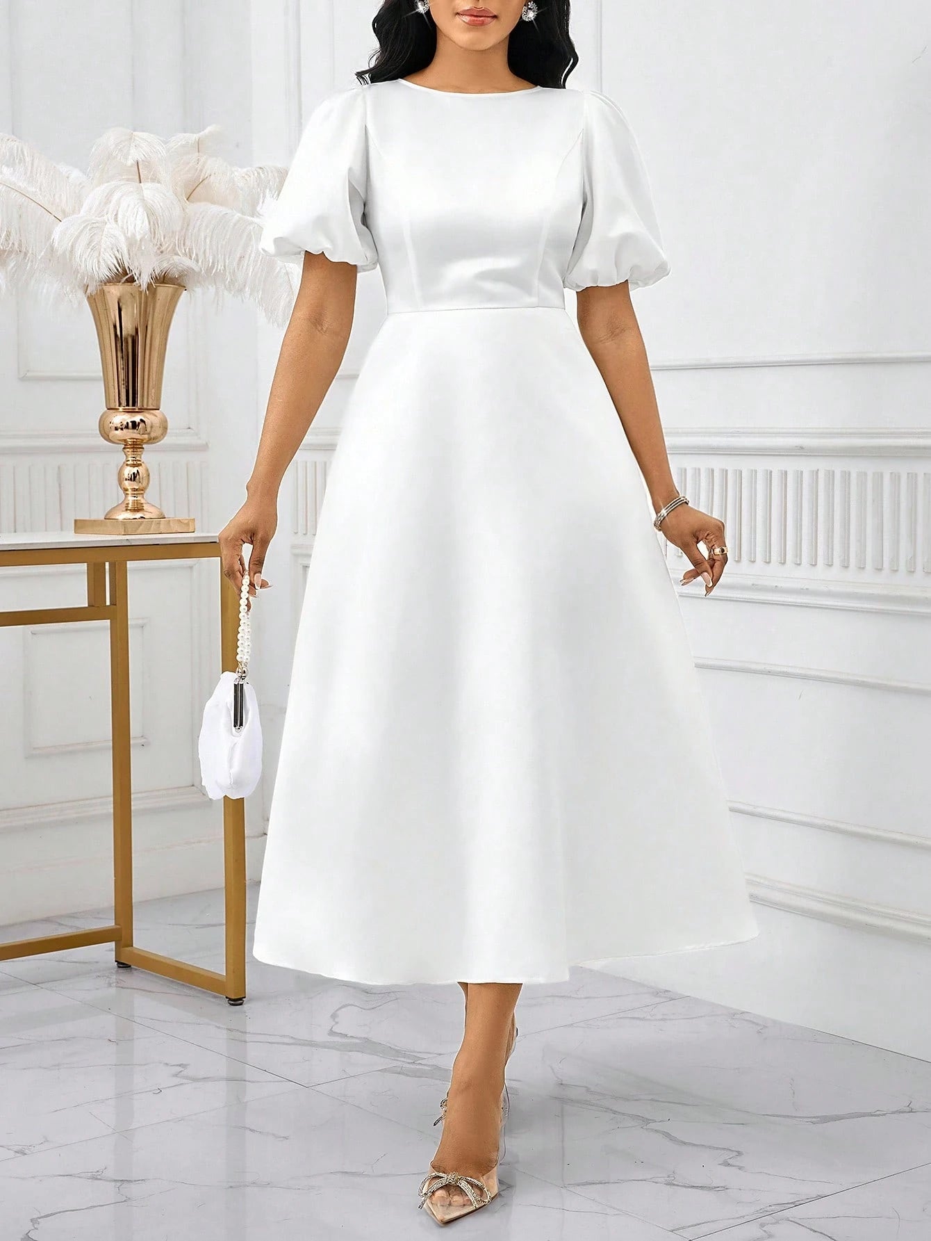 Lady Women's Elegant Mature White Summer Puff Sleeve A Line Dress, Solid Color Bishop Sleeve Dining Dinner Date Party Wedding Cocktail Graduation Greek
