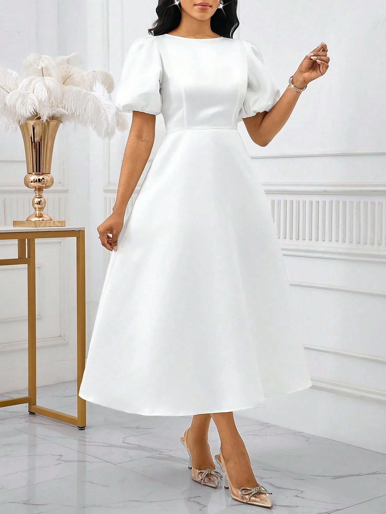Lady Women's Elegant Mature White Summer Puff Sleeve A Line Dress, Solid Color Bishop Sleeve Dining Dinner Date Party Wedding Cocktail Graduation Greek