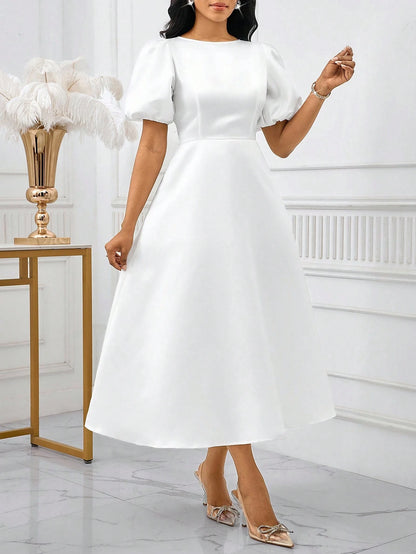 Lady Women's Elegant Mature White Summer Puff Sleeve A Line Dress, Solid Color Bishop Sleeve Dining Dinner Date Party Wedding Cocktail Graduation Greek