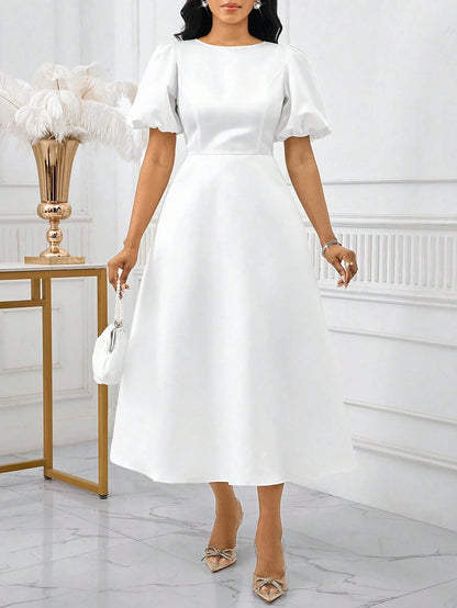 Lady Women's Elegant Mature White Summer Puff Sleeve A Line Dress, Solid Color Bishop Sleeve Dining Dinner Date Party Wedding Cocktail Graduation Greek