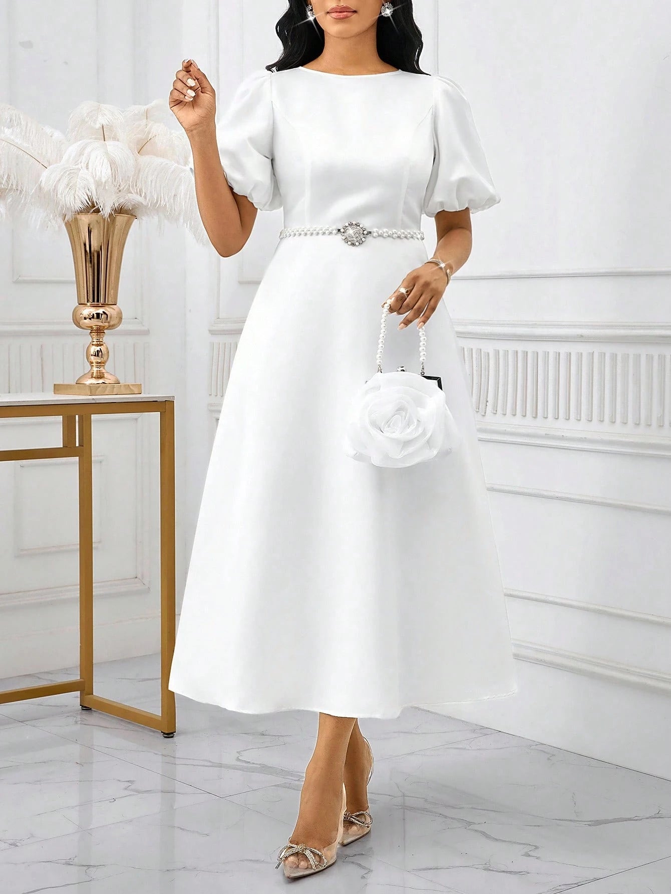 Lady Women's Elegant Mature White Summer Puff Sleeve A Line Dress, Solid Color Bishop Sleeve Dining Dinner Date Party Wedding Cocktail Graduation Greek
