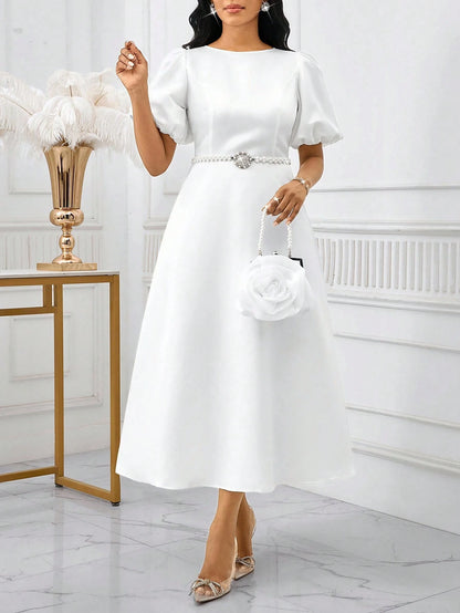 Lady Women's Elegant Mature White Summer Puff Sleeve A Line Dress, Solid Color Bishop Sleeve Dining Dinner Date Party Wedding Cocktail Graduation Greek