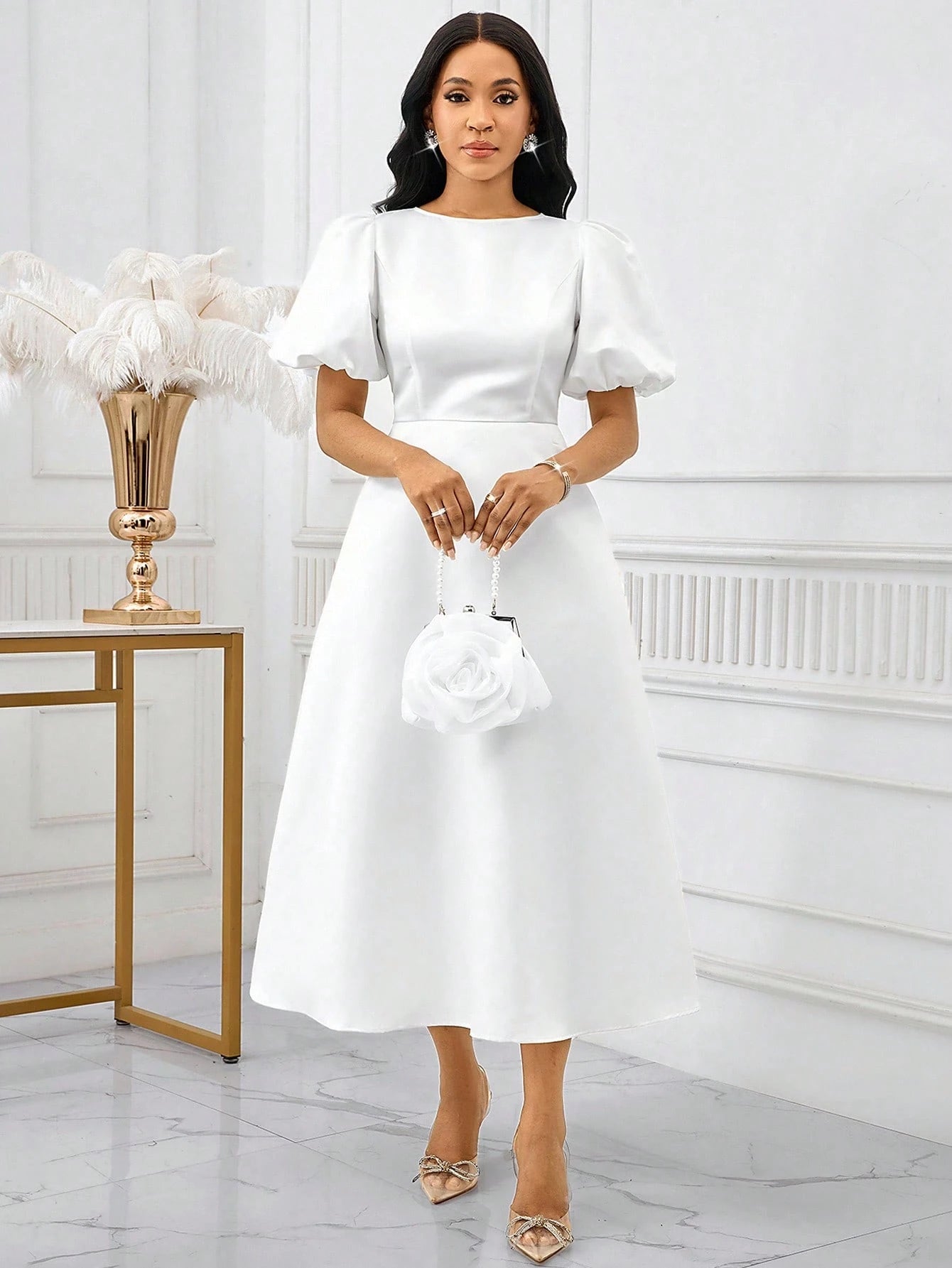 Lady Women's Elegant Mature White Summer Puff Sleeve A Line Dress, Solid Color Bishop Sleeve Dining Dinner Date Party Wedding Cocktail Graduation Greek