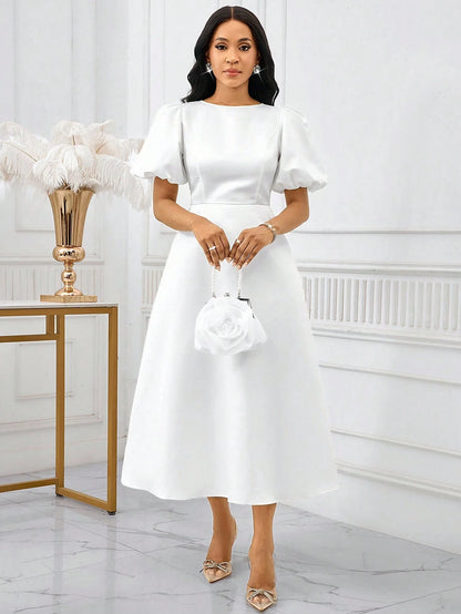 Lady Women's Elegant Mature White Summer Puff Sleeve A Line Dress, Solid Color Bishop Sleeve Dining Dinner Date Party Wedding Cocktail Graduation Greek