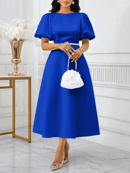 Lady Women's Elegant Mature White Summer Puff Sleeve A Line Dress, Solid Color Bishop Sleeve Dining Dinner Date Party Wedding Cocktail Graduation Greek