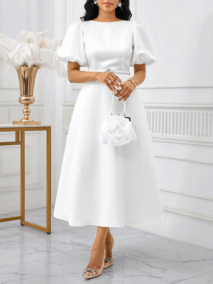 Lady Women's Elegant Mature White Summer Puff Sleeve A Line Dress, Solid Color Bishop Sleeve Dining Dinner Date Party Wedding Cocktail Graduation Greek