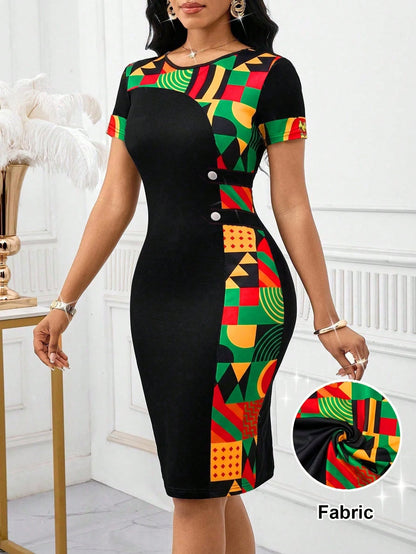 Lady Women's Geometric Print Round Neck Short Sleeve Fitted Elegant Mid-Length Dress Summer Date Office Everyday Black