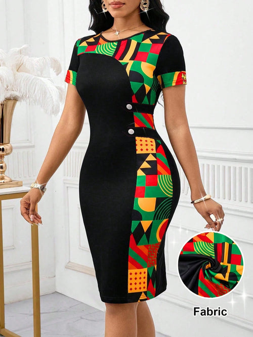 Lady Women's Geometric Print Round Neck Short Sleeve Fitted Elegant Mid-Length Dress Summer Date Office Everyday Black