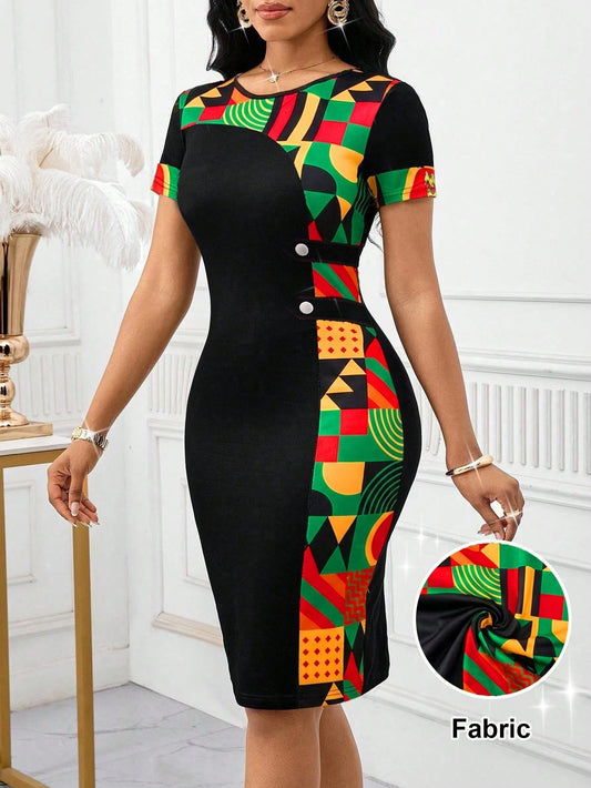 Lady Women's Geometric Print Round Neck Short Sleeve Fitted Elegant Mid-Length Dress Summer Date Office Everyday Black