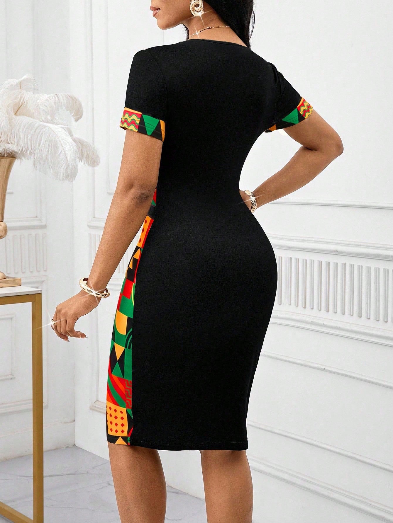 Lady Women's Geometric Print Round Neck Short Sleeve Fitted Elegant Mid-Length Dress Summer Date Office Everyday Black
