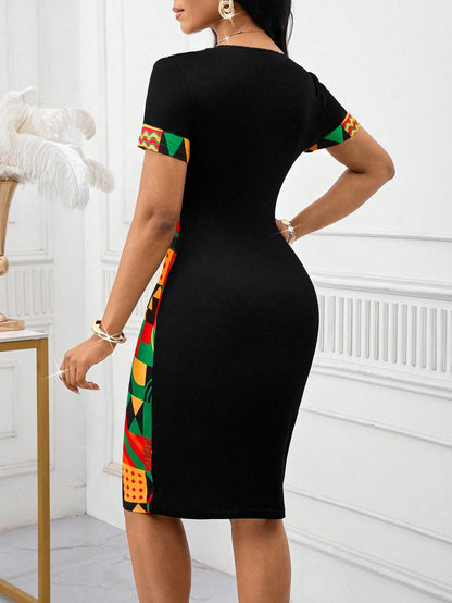Lady Women's Geometric Print Round Neck Short Sleeve Fitted Elegant Mid-Length Dress Summer Date Office Everyday Black
