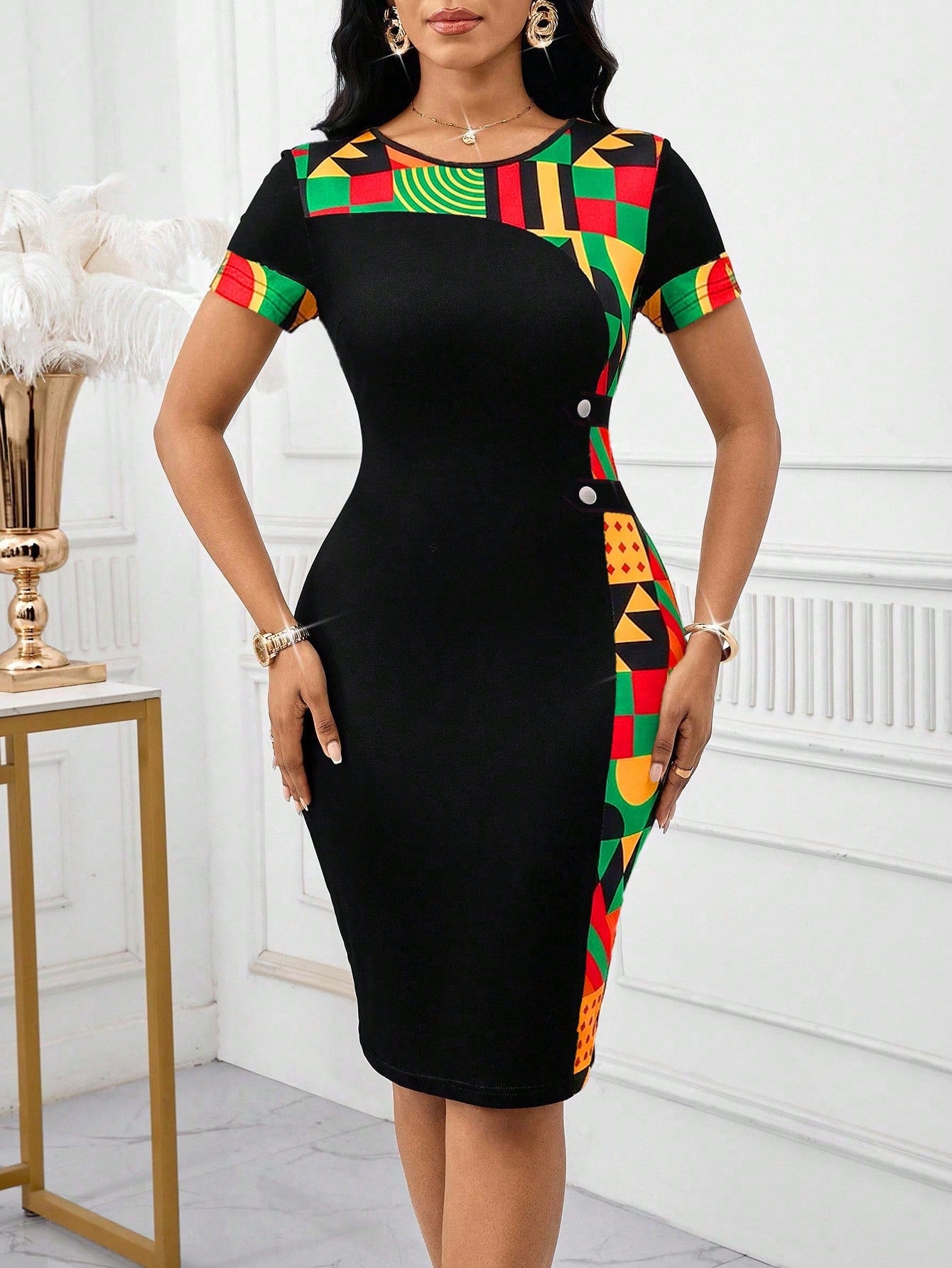 Lady Women's Geometric Print Round Neck Short Sleeve Fitted Elegant Mid-Length Dress Summer Date Office Everyday Black