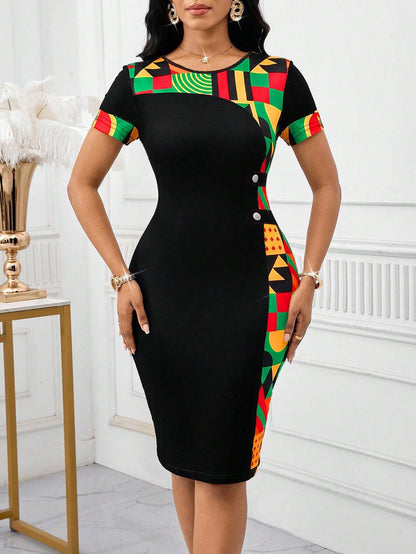 Lady Women's Geometric Print Round Neck Short Sleeve Fitted Elegant Mid-Length Dress Summer Date Office Everyday Black