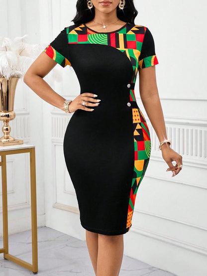 Lady Women's Geometric Print Round Neck Short Sleeve Fitted Elegant Mid-Length Dress Summer Date Office Everyday Black