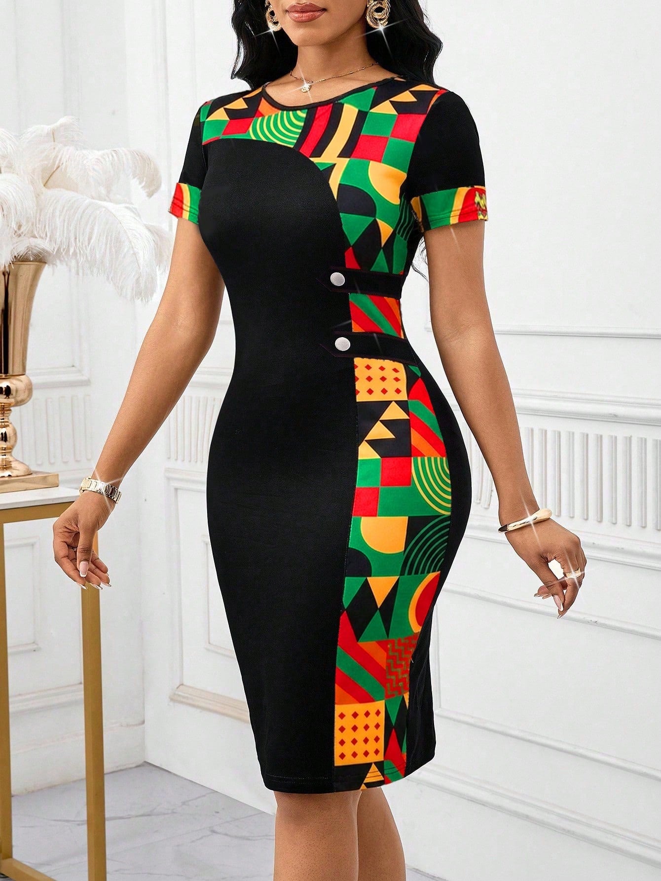 Lady Women's Geometric Print Round Neck Short Sleeve Fitted Elegant Mid-Length Dress Summer Date Office Everyday Black