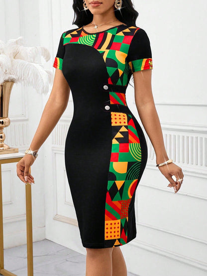 Lady Women's Geometric Print Round Neck Short Sleeve Fitted Elegant Mid-Length Dress Summer Date Office Everyday Black