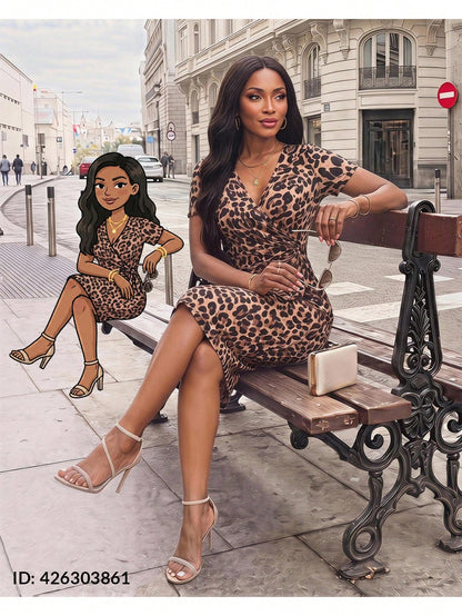 Lady Women's Leopard Print Ruched V-Neck Short Sleeve Midi Dress,Summer Dresses For Women Date Party Beige Sexy