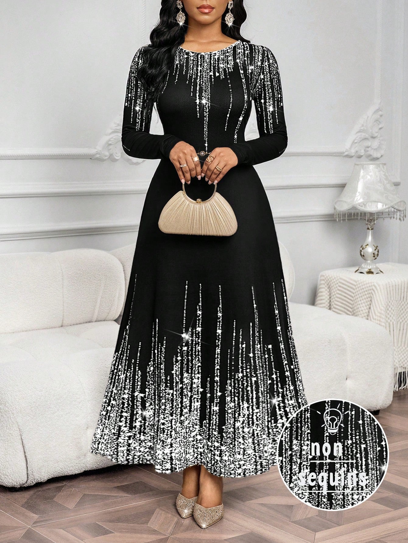 Lady Women's Shiny Printed Round Neck Long Sleeve Elegant Dress Dress Modest Black Church Dress Women Long Black Elegant Dress