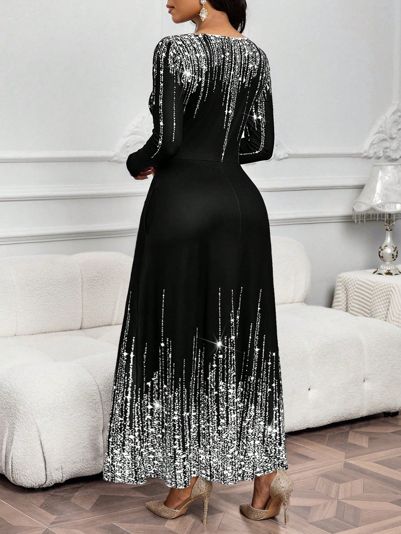 Lady Women's Shiny Printed Round Neck Long Sleeve Elegant Dress Dress Modest Black Church Dress Women Long Black Elegant Dress