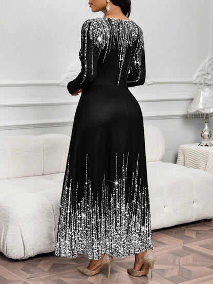 Lady Women's Shiny Printed Round Neck Long Sleeve Elegant Dress Dress Modest Black Church Dress Women Long Black Elegant Dress