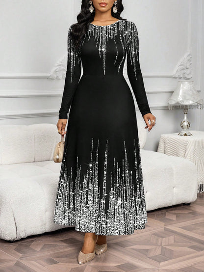 Lady Women's Shiny Printed Round Neck Long Sleeve Elegant Dress Dress Modest Black Church Dress Women Long Black Elegant Dress