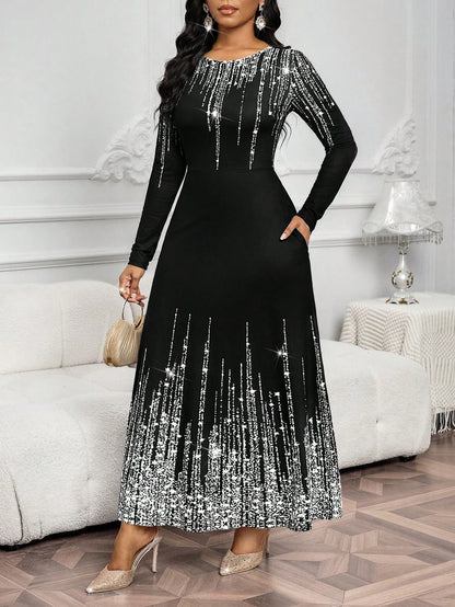 Lady Women's Shiny Printed Round Neck Long Sleeve Elegant Dress Dress Modest Black Church Dress Women Long Black Elegant Dress
