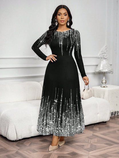 Lady Women's Shiny Printed Round Neck Long Sleeve Elegant Dress Dress Modest Black Church Dress Women Long Black Elegant Dress