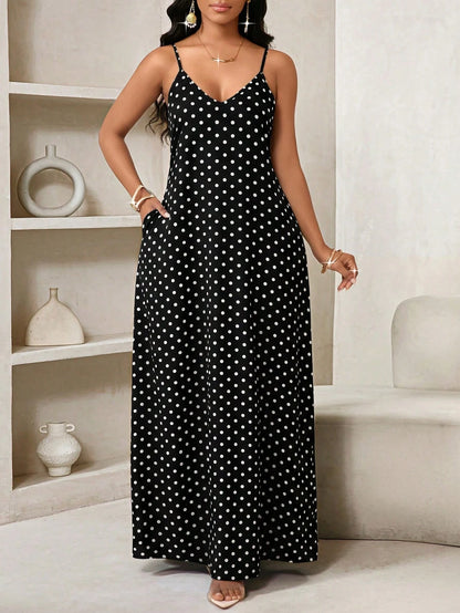 Lady Women's Summer Casual Vintage Vacation Style Polka Dot Print Loose Slit Pocket Strap Dress Vacation Black And White Polka Dot