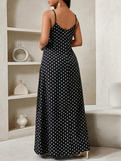 Lady Women's Summer Casual Vintage Vacation Style Polka Dot Print Loose Slit Pocket Strap Dress Vacation Black And White Polka Dot
