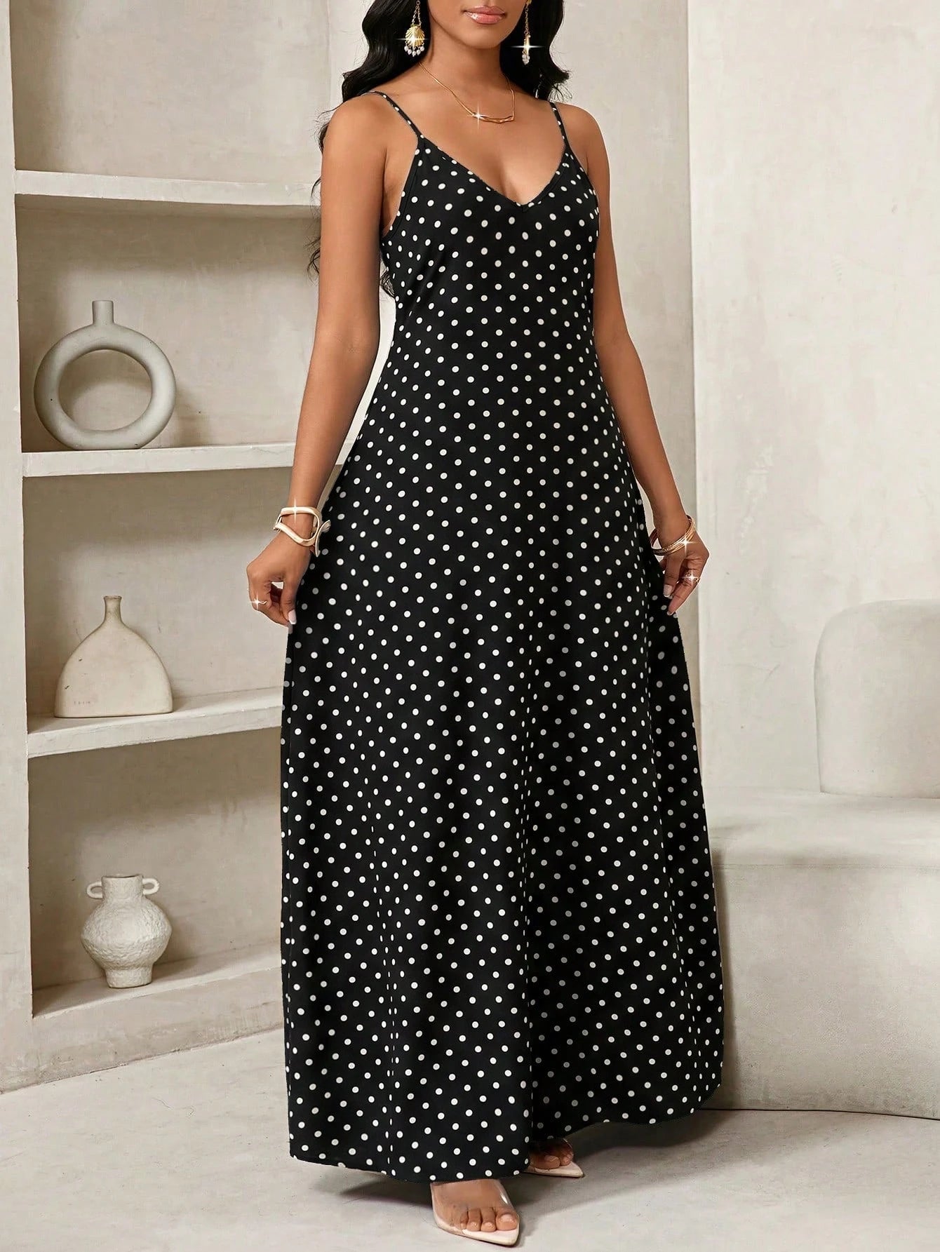 Lady Women's Summer Casual Vintage Vacation Style Polka Dot Print Loose Slit Pocket Strap Dress Vacation Black And White Polka Dot