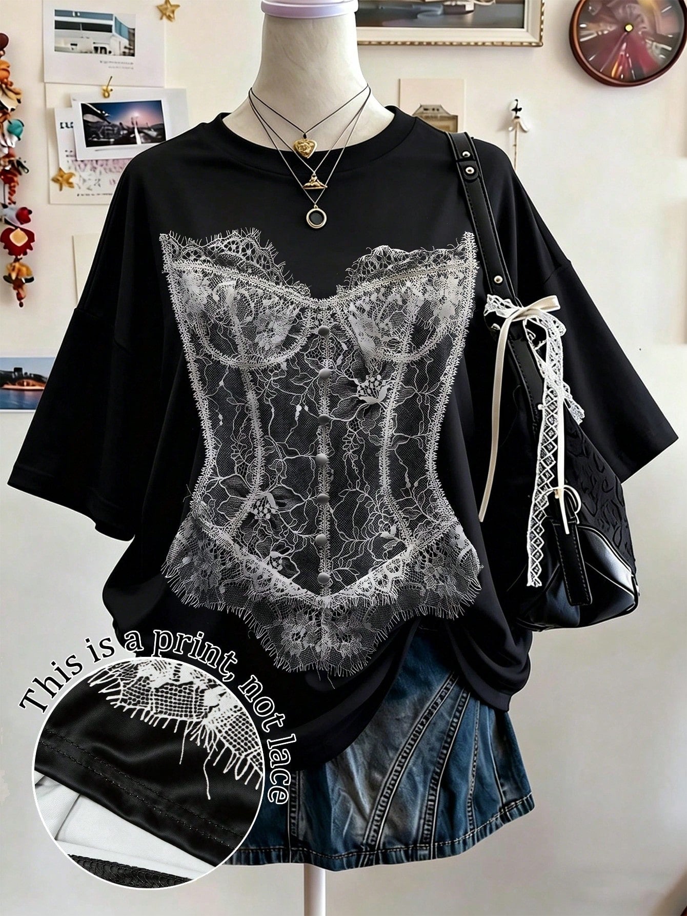 Lalippa Gothic Style Digital Print Fashion Minimalist Women Plus Size Long Crew Neck Drop Shoulder T-Shirt Friend's Gift