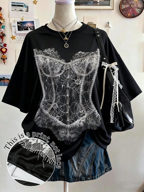 Lalippa Gothic Style Digital Print Fashion Minimalist Women Plus Size Long Crew Neck Drop Shoulder T-Shirt Friend's Gift