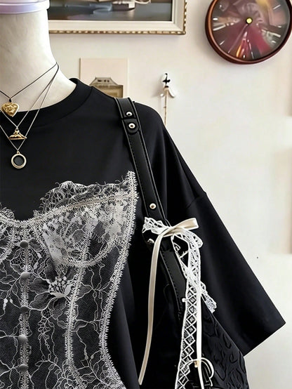 Lalippa Gothic Style Digital Print Fashion Minimalist Women Plus Size Long Crew Neck Drop Shoulder T-Shirt Friend's Gift