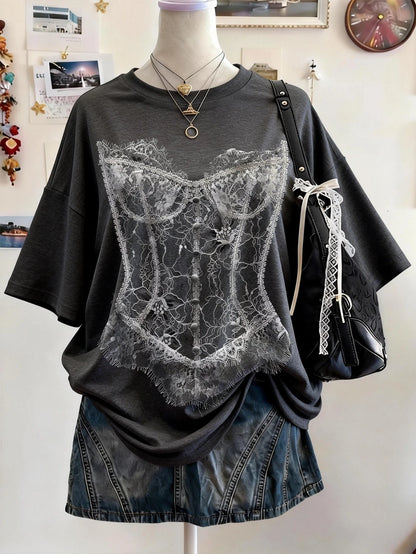 Lalippa Gothic Style Digital Print Fashion Minimalist Women Plus Size Long Crew Neck Drop Shoulder T-Shirt Friend's Gift