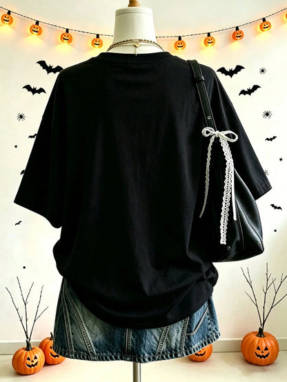 Lalippa Halloween Theme Black Foam Print T-Shirt Gothic Dark Style Slogan Foam Graphic Short Sleeve T-Shirt