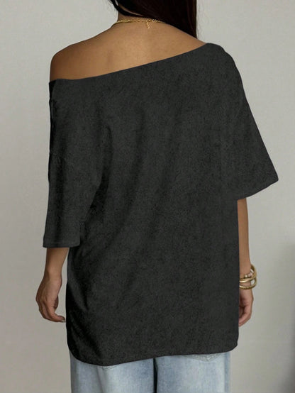 Lalippa Plus Size Asymmetrical Shoulder Colorblock Casual Versatile Daily Wear T-Shirt