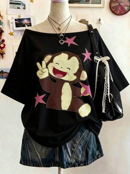 Lalippa Plus Size Women's Cartoon Animal Print Asymmetric Neckline Short Sleeve T-Shirt