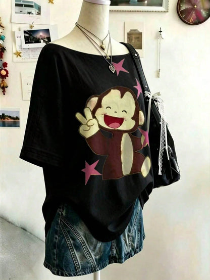 Lalippa Plus Size Women's Cartoon Animal Print Asymmetric Neckline Short Sleeve T-Shirt