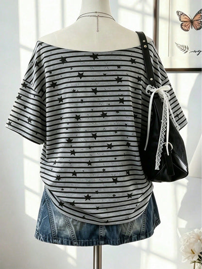 Lalippa Plus Size Women's Striped Star Print Boat Neck Drop Shoulder Casual T-Shirt