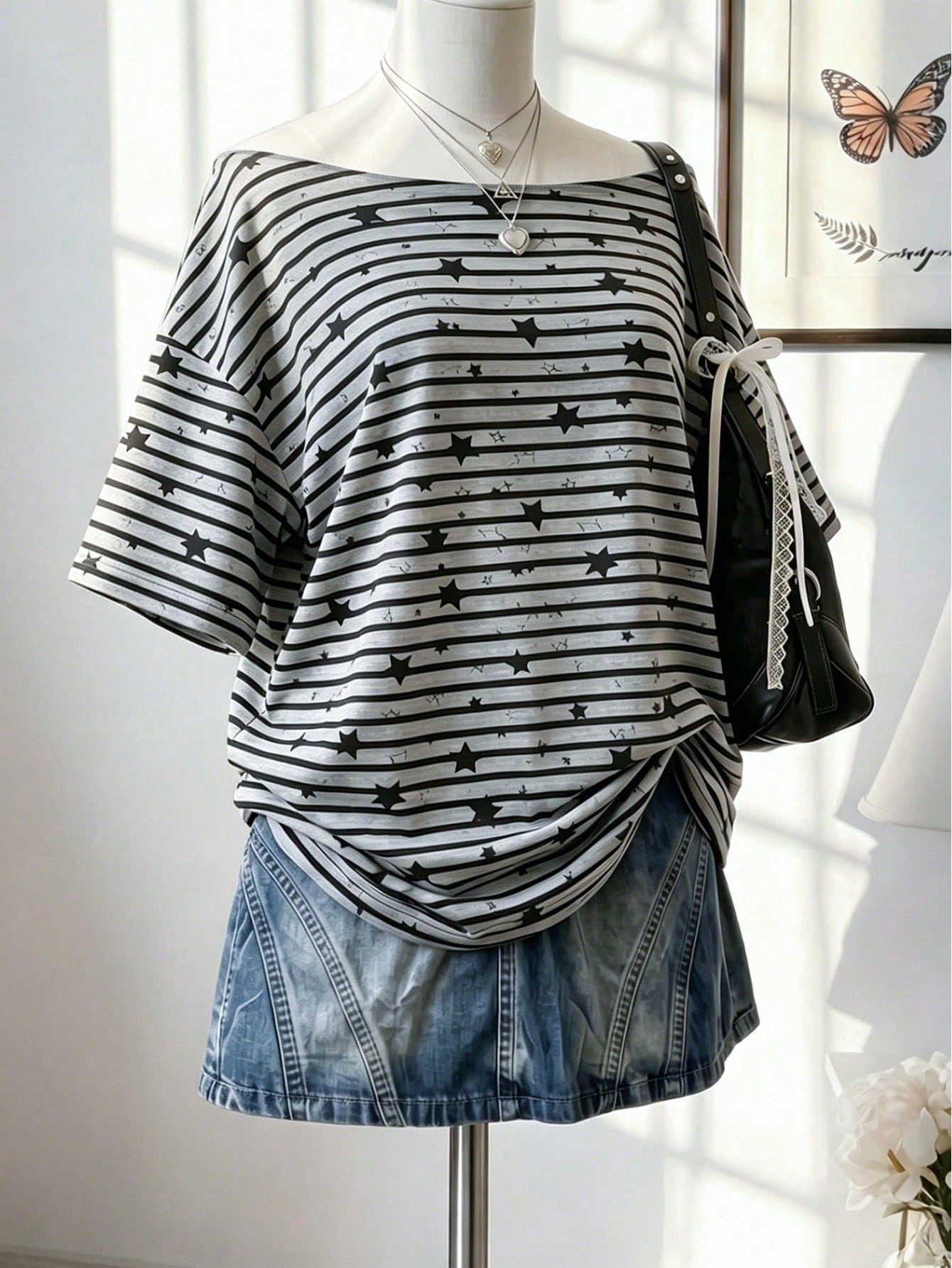 Lalippa Plus Size Women's Striped Star Print Boat Neck Drop Shoulder Casual T-Shirt
