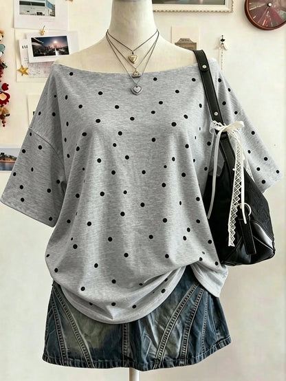 Lalippa Plus Size Women's Striped Star Print Boat Neck Drop Shoulder Casual T-Shirt
