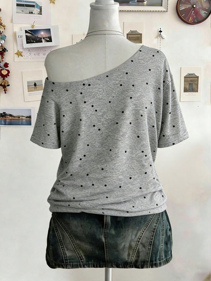 Lalippa Plus Size Women's Striped Star Print Boat Neck Drop Shoulder Casual T-Shirt