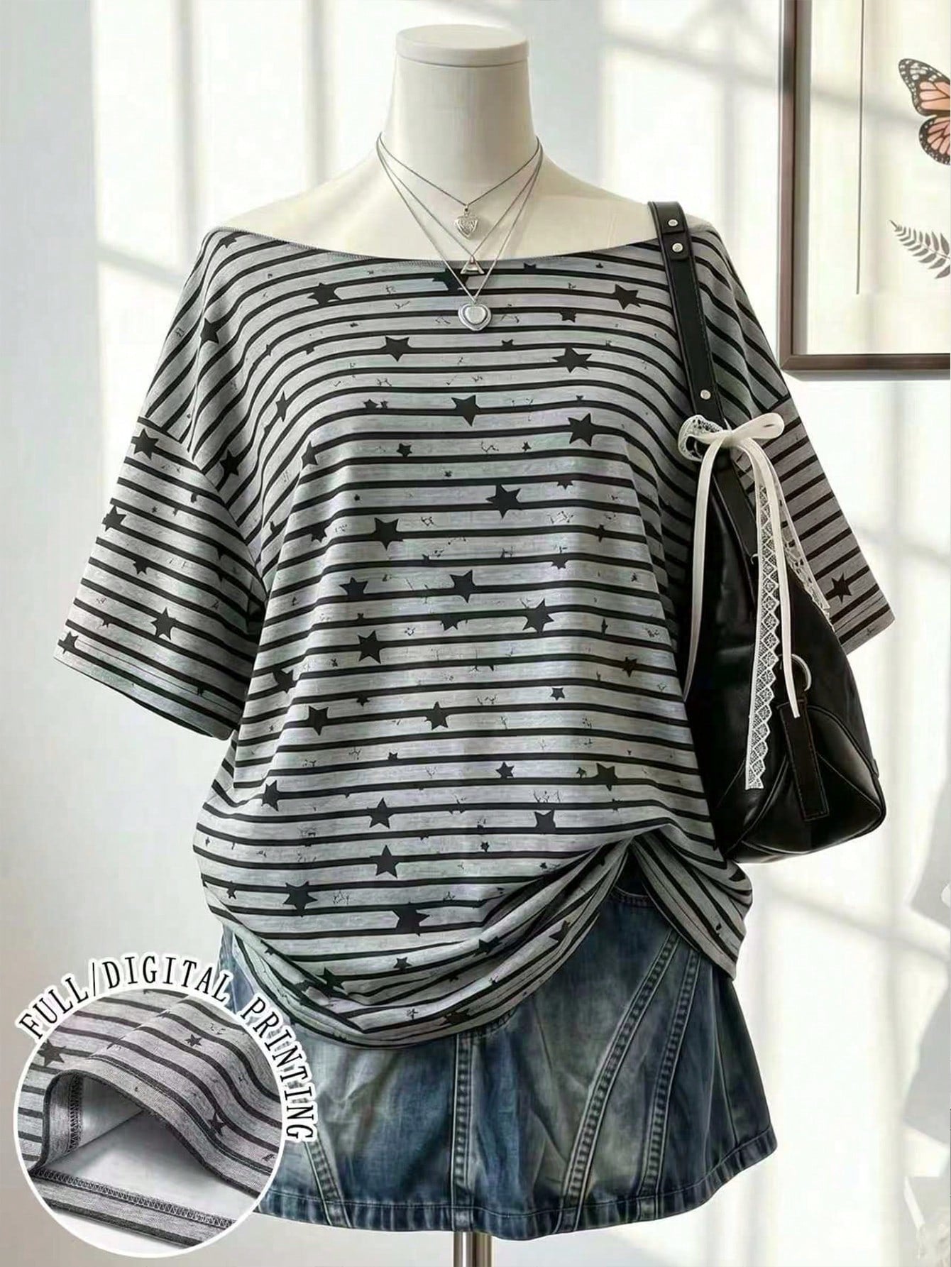 Lalippa Plus Size Women's Striped Star Print Boat Neck Drop Shoulder Casual T-Shirt