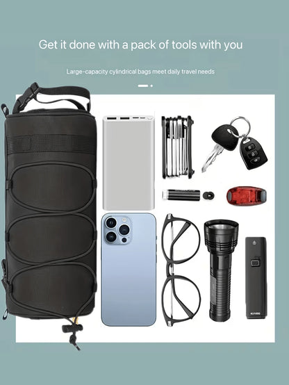 Large Capacity Adjustable Bicycle Handlebar Bag, Multi-Compartment Front Frame Bag With Handlebar Mount, Fashionable Cylindrical Design, With Elastic Fixing System, For Storing Cycling Essentials