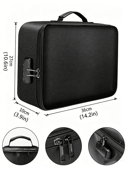 Large Capacity Brief Case, Fireproof Waterproof Lockable File Organizer, Multi-Layer Document Storage Box, Portable Laptop Pouch With Card Slots, Storage Bag For Certificates, Passports & Valuables, H