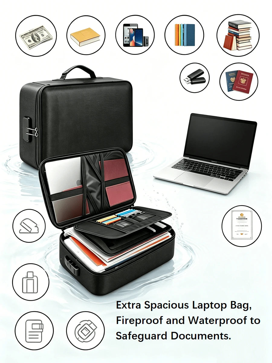 Large Capacity Brief Case, Fireproof Waterproof Lockable File Organizer, Multi-Layer Document Storage Box, Portable Laptop Pouch With Card Slots, Storage Bag For Certificates, Passports & Valuables, H